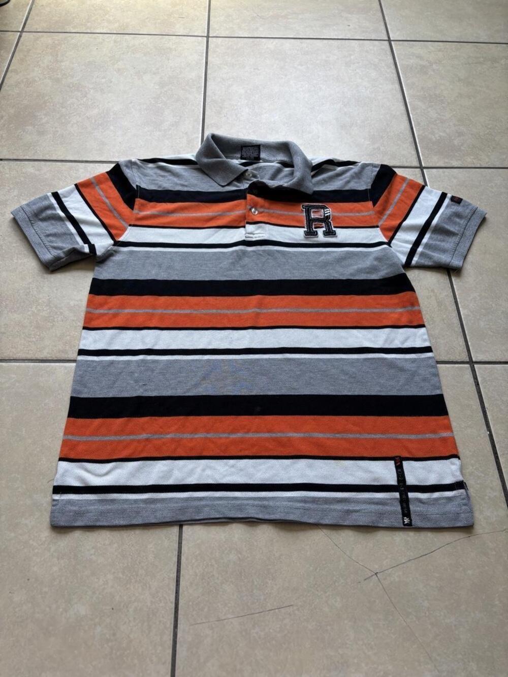 Red Ape Polo Shirt Mens Medium Gray Orange Striped Cotton Blend Knit Casual